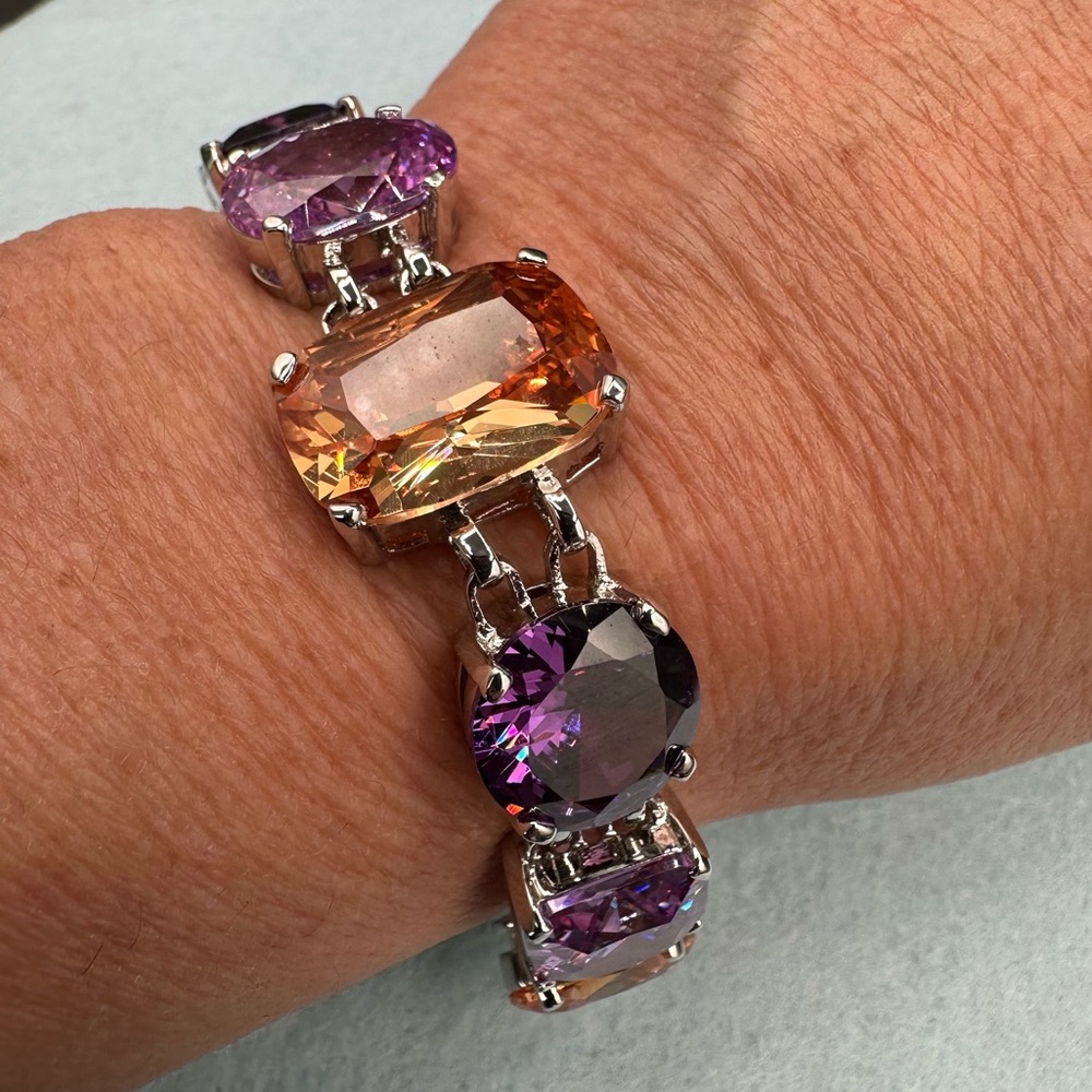 Nolan Miller Amethyst & Peach Topaz Crystal Statement Bracelet – 7.5", Like New